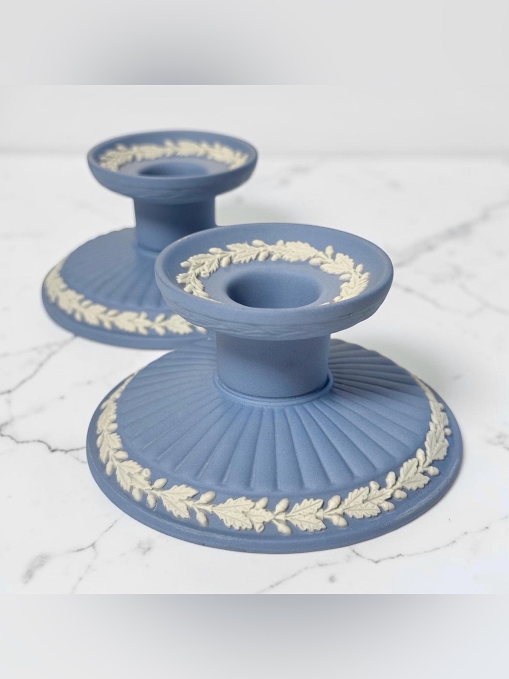 Vintage Wedgwood Blue Jasperware Candlestick Holders Ribbed Made in England
